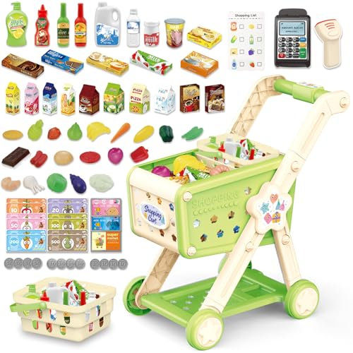RedCrab Chariot de Courses Enfant avec Scanner, 74 Pcs Accessoires de Magasin, Goûter, Fruits et Légumes, Jeu de Rôle de Jouet Éducatif Cadeau pour Garçons et Filles 3+ Ans (Vert)