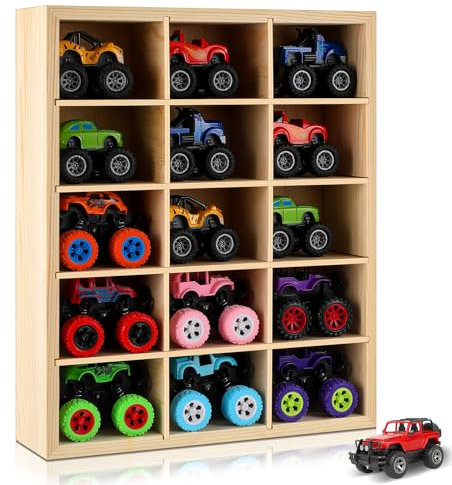 Weysat Wall Mounted Wood Trucks Display Case Holding Wall Decor with Detachable Shelves 15 Slot Organizer for Trucks Car Storage Display Case 5 Tiers Cars Collecting Storage Organizer with 2 Screws