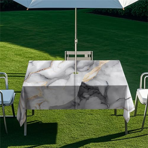 Highdi Tischdecke mit Loch in der Mitte, Abwaschbar Rechteckig Tischdecke mit Schirmloch Outdoor Tischdecke mit Reißverschluss Gartentischdecke für Sonnenschirm (Goldene Murmel7,213x152cm)