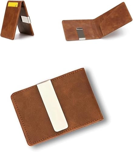 RisePlus Geldklammer Herren, Slim Wallet mit Geldklammer, Money Clip, Ultraleichtes Kartenetui, Kompaktes RFID‑Kreditkartenetui, Minimalistisches Portemonnaie mit Geldscheinklammer （Braun）