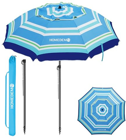HOMEDEMO Parasol Plage Inclinable avec Revêtement Argenté, Protection Solaire UV50+, avec Pied d'Ancrage à Visser & Housse de Protection, pour Piscine, 200cm, Rayures Bleues Vertes et Blanches