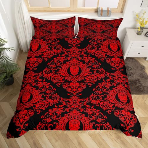 Loussiesd Adults Red Vintage Damask Floral Bedding Set Oriental Antique Comforter Cover Set Double Size Gothic Bohemia Boho Duvet Cover Exotic Sugar Skull Bedspread Cover 3Pcs