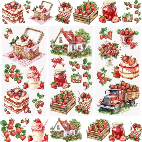 WANDIC 3 Bogen Rub on Transfer Stickers, Erdbeeren Möbel Aufkleber Wand mit Süße Desserts Muster, Wasserdicht, Handarbeiten, Journal, DIY Kunsthandwerk, Dekor für Fotoalbum und Scrapbook, 15 x 30 cm