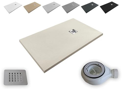 Receveur de Douche en Résine Allégée Extra-plat Aligeres - Toutes les dimensions disponibles - Antidérapant Texture Ardoise - Siphon et Grille Inclus (BEIGE 9001, 70x100)