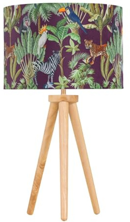Modern Light Oak Table Lamp or Bedside Light, Wood Tripod Design, Safari Velvet Shade