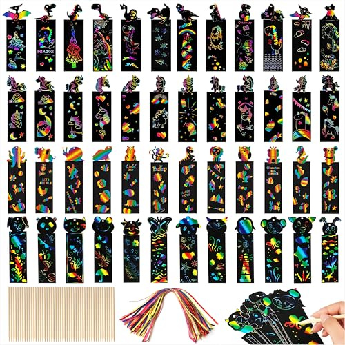 Kratzbilder 48 Stück Scratch Painting mit 24 Stück Holzstiften 48 Stück Bändern Regenbogen Kratzbilder Lesezeichen für Jungen Mädchen DIY Basteln Party