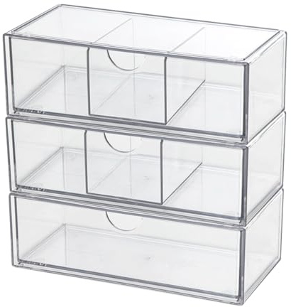 3 PCS Acrylic Drawer Organiser, Stackable Makeup Organiser with Drawer | Clear Cosmetic Storage for Eyeshadow, Cosmetic, Lipstick