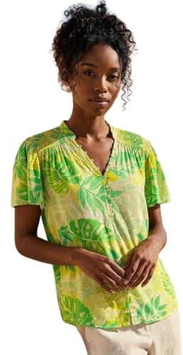 Roman Originals Leaf Print Shirred V-Neck Top for Women UK - Ladies Everyday Holiday Spring Summer V-Neckline Comfy Soft Evening Vacation Work Party - Lime - Size 18