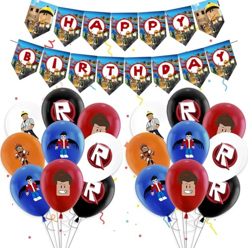 Rob-lox Birthday Party Decoration, 19PCS Kids Cartoon Latex Balloon Kit Deco, Boys Girls Rob-lox Birthday Party Supplies for Theme Decoration