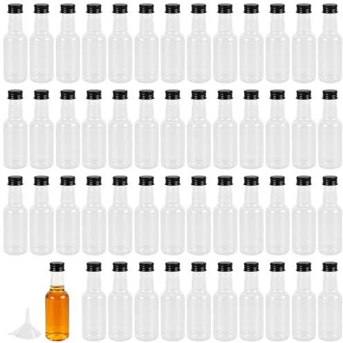 50 Pack 50ml Mini Plastic Liquor Bottles with Lids, Empty Small Bottles | for Whisky, Vodka, Spirit Samples - Ideal for Wedding Favours, Hen/Stag Parties, Includes Funnel, Reusable