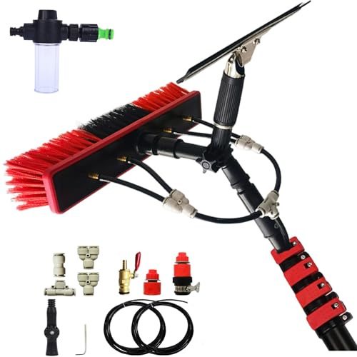XJBWSDE Telescopic Brush Water Fed Window Cleaning Pole Roof Equipment with Squeegee Soap Dispenser - 35cm Brush, Window Roof Cleaning Kit