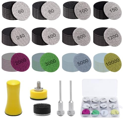 Annickee 205 Stück Schleifscheiben 25mm Klett,Trockene Schleifpapier Set | Körnung 60-10000, Runde Schleifpad mit Sandpapier Schleifwerkzeug, 1/8 Zoll Schaft, für Metall Holz Glas Auto Polieren