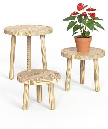 NiHome 3-Pack Solid Wood Plant Stands, Round Pot Stools, 3 Heights | Indoor Display Stands for Flower Pots, Ideal for Living Rooms, Bedrooms and Home Décor