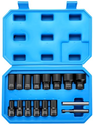 Ghekkli Extractor de tornillos y tuercas antirrobo para ruedas de coche - Juego de casquillos de extracción helicoidal para tuercas dañadas, rayadas o cerradas, compatible con 8-27 mm, entrada 1/2″