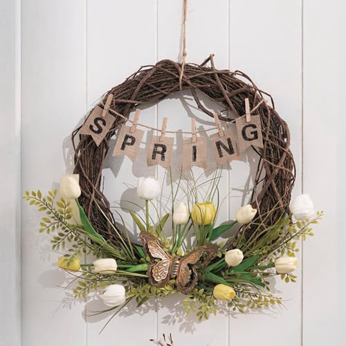 Dekoleidenschaft Kranz Spring Frühlingskranz aus Zweigen, Ø 45 cm groß, mit Tulpen & Gräsern aus Kunststoff, Dekokranz, Wandkranz, Türkranz