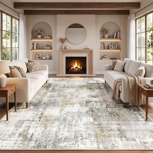 Wohnzimmer Teppich 240x340cm Grau/Beige, Abstrakter Teppich Schlafzimmer | Kurzflor Teppich, rutschfest weicher Läufer, pflegeleichter Bodenbelag für Schlafzimmer, Flur, Küche, Esszimmer und Diele