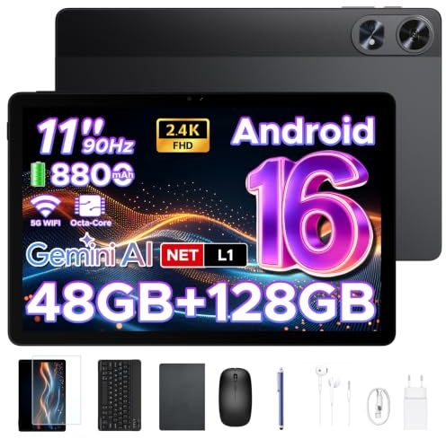 POPUX P11 Pro Tablet Android 16,2.4K 90Hz Tablet 11 Pollici con Gemini AI, 48 GB RAM + 128 GB ROM,T7250 Octa-Core, 13 MP + 5 MP, 8800mAh, Wi-Fi 5G, Cuffie, Tablet con Tastiera e Penna, Mouse, Nero