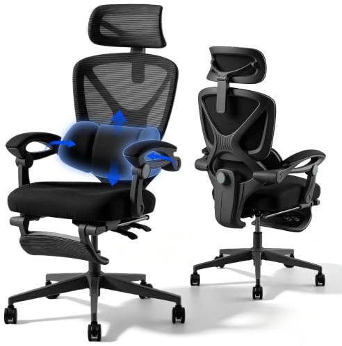 FLEXISPOT Tricore Ergonomischer Bürostuhl mit Fußstütze, X-förmiger Schreibtischstuhl mit 135°-Neigung, Gekoppelte Armlehnen mit zonenweise Einstellbarer Lendenstütze, 3D-Kopfstütze, Schwarz