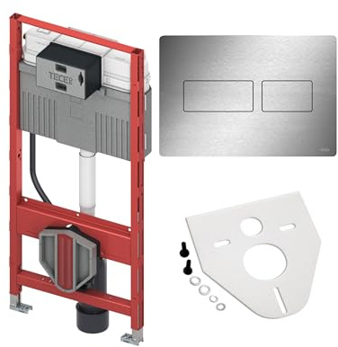 BADfabrik24 TECEprofil WC-Modul 1120 mm mit Uni-Spülkasten, TECEnow Betätigungsplatte Chrom glänzend, Montageset für Wand-WC/WD-Bidet, Komplettset (Edelstahl gebürstet für Zweimengentechnik)