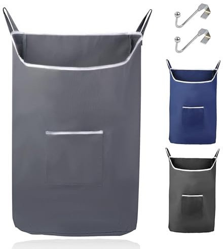 Fine Living Hanging Laundry Hamper with Over Door Hooks, Durable Space Saving Laundry Bag with Zipper and Wide Open Top, X-Large Machine Washable Hanging Dorm Laundry Hamper (Grey-XL)