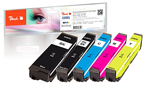 Peach E26 Spar Pack Druckerpatronen XL (BK, PBK, C, M, Y) ersetzt Epson No. 26XL, C13T26364010 für z.B. Epson Expression Premium XP -510, Epson Expression Premium XP -520