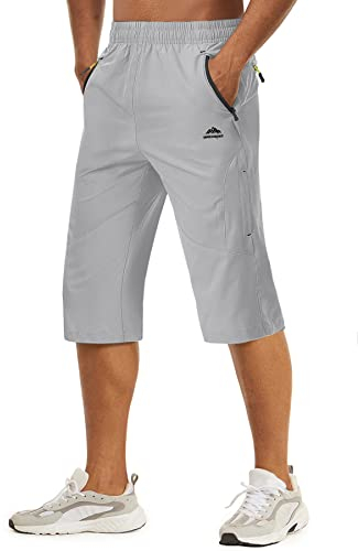 TACVASEN Herren Kurze Cargohose 3/4 Schnelltrocknende Shorts Wanderhose mit Reißverschlusstasche, Hellgrau, 32