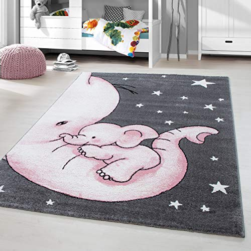 HomebyHome Kinderteppich Rosa 160 cm Rund Elefantenmuster Großer Mädchen Teppich Kinderzimmer Kurzflor Teppich Extra Weich Antiallergen Babyzimmer Teppich