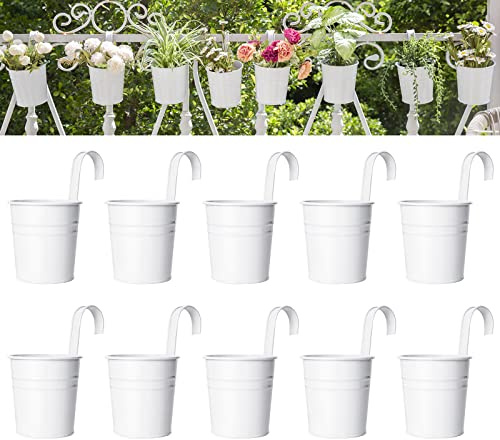 Dahey 10 vasi da fiori da appendere, in metallo, per ringhiere, recinzioni, balconi, giardini, decorazioni per la casa, con ganci staccabili, bianco, 10 cm