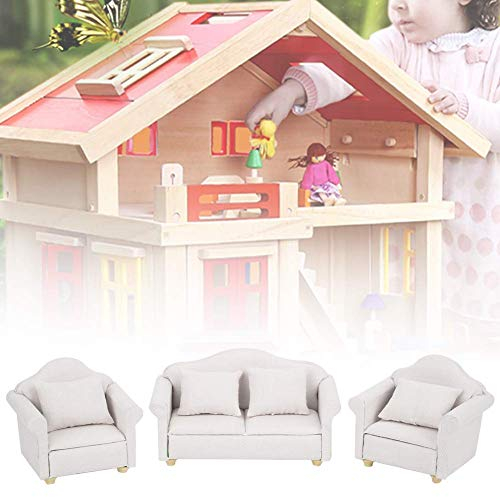 3Pcs Dollhouse Sofa Miniatur Sessel 1:12 Mini Doll House Plaid Sofa Kissen Set Zubehör Raummöbel Spielzeug für Mädchen(Weiß)