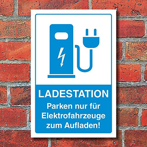 Schild Parkplatz Ladestation E-Auto Elektroauto Fahrzeuge 600 x 400 mm | 3 mm Alu-Verbund, wetterfester UV-Direktdruck, robust und langlebig, Made in Germany