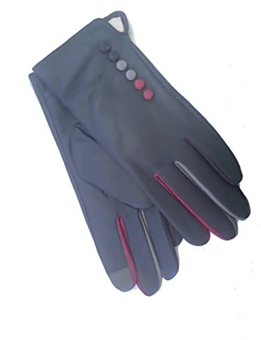 Tiffany G01 Vera Tucci Lederhandschuh mit Knöpfen und Fingern, mehrfarbig, dunkelgrau, Small-Medium