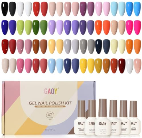 GAOY 42 Pcs Gel Nail Polish Kit, Pink White Red Jelly Nude Colors All Seasons Gel Nail Polish Set with Glossy & Matte Top Coat and Base Coat for Salon and DIY Manicure at Home