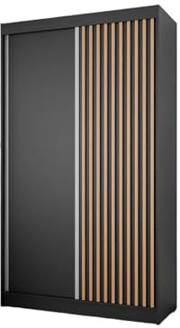 MargaretHadas24 Kleiderschrank Lili mit Lamellen inklusive 2 Schiebetüren Schwebetürenschrank Kleiderstange Garderobe Schrank (schwarz, schwarz, Lamelle wotan, 120 cm)