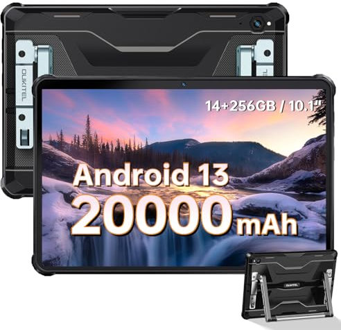 OUKITEL RT6 Rugged Tablet 10.1 Inch - 14GB RAM+256GB ROM, 20000mAh Battery, 33W Fast Charging Tablets, 16MP+16MP Camera, Dual SIM 4G, Android 13 Rugged Tablets, IP68/IP69K Waterproof Tablet, Black