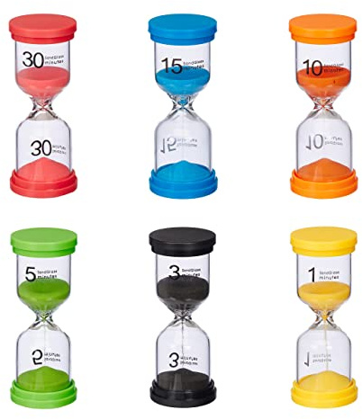 Relaxdays Sanduhren Set, 6-teilig, Kurzzeituhr, 1/3/ 5/10/ 15/30 Min, H x D: 11 x 4,5 cm, Eieruhr Sand, Kinder, bunt
