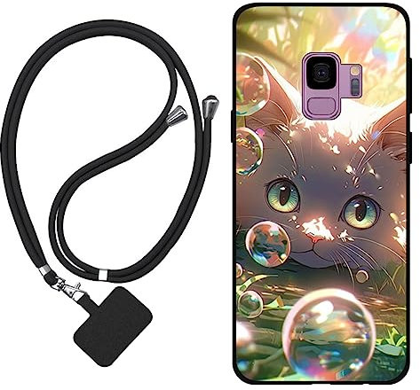 Sunrive Coque Compatible avec Samsung Galaxy S9,TPU Étui Housse Protecteur Souple Gel Mat Back Cover Mignon Motifs Antichoc Case(Bulles Chat)+1x Universelle Dragonne