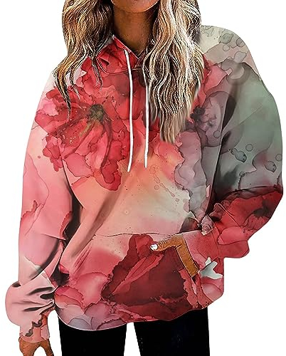 Tshirt Damen, Crop Tops Damen Hoodie Oversize Tshirt Mit Aufdruck Oberteile Herbst Deckenpullover Norweger Pullover T-Shirts Decken-Hoodie Stitch Strickjacke Gefüttert Langarmshirts (1-Rot,S)