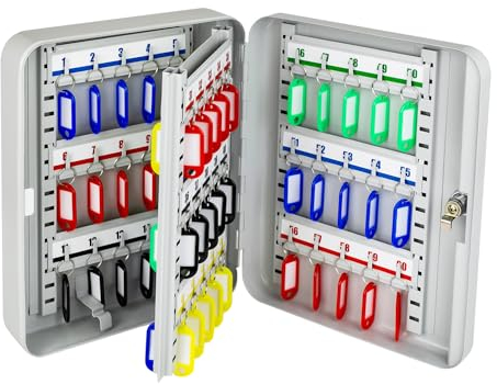 HMF 13060-07 Schlüsselkasten abschließbar, Schlüsselschrank groß | 60 Haken | 30 x 24 x 7,5 cm | Lichtgrau