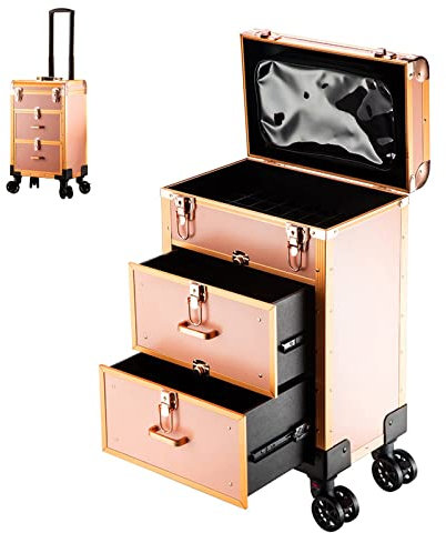 HJXGQJM Rolling Maquillage Valise, Mallette De Maquillage Professionnel Coffret Grand Rangement Cosmétique De Malette Beauty Case À Maquillage Vanité Boite Valise, Loquet De Sécurité, Or Rose