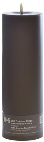 B & S LED Kunststoffkerze Outdoor grau 30 x Ø 10 cm Flackerflamme & Timer