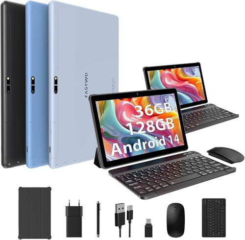 FASTWD Tablette 10 Pouces Android 13 Tablet 5G WiFi 36(12+24) Go RAM +128 Go ROM,Smart IPS,Batterie 8000 mAh,8MP+5MP| Bluetooth |OTG,avec Cas+Clavier+Souris,Noir