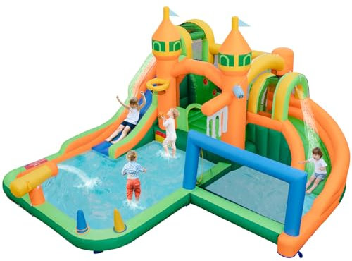 GYMAX Kids Bouncy Castle, 9 in 1 Inflatable Water Park with 2 Slides, 2 Splash Pools, Basketball Hoop, Climbing Wall, Football Gate & Ring Toss, Bounce House for 3 Years Old+ (without 680W Blower)
