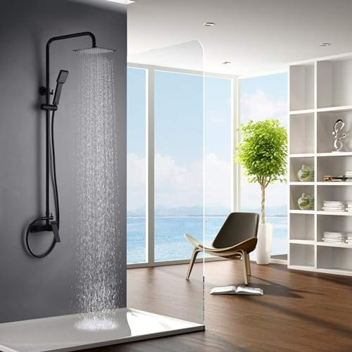 IMEX - Columna Ducha Negra Monomando con Grifo | Kit de Ducha con Alcachofa y Rociador Antical | Griferia en Latón y Acero Inox S.304 con Barra Extensible | Serie Art