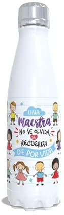 Regalo Profesora Infantil. Botella agua. Botella personalizada. Botella acero inoxidable. Botella térmica de doble capa. Libre BPA. 750ml. APRENDER A LO GRANDE