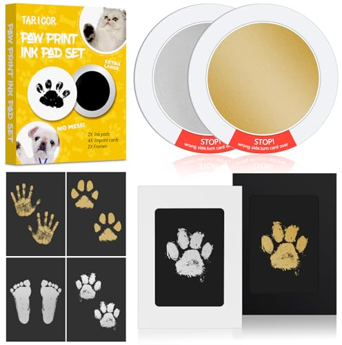 Pfotenabdruck Set Hund Katze, 2 Pcs Farbe Fussabdruck Baby Set mit 2 Fotorahmen 4 Karten, Hundepfoten Abdruck Machen, ohne Kontakt zur Farbe, Katze Geschenk für Hundebesitzer (Gold & Silber)