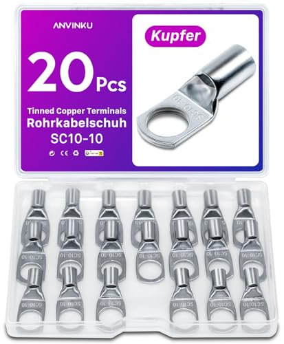 20 Stück Rohrkabelschuh 10mm2 M10 Kabelschuhe Set, ANVINKU Rohrkabelschuhe Set für Kfz Batteriekabel Set, Kabelschuh Sortiment, SC Rohrkabelschuh Set, 10mm² Kabelschuhe für Auto Motorräder Boote