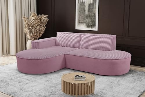 Kaiser Möbel - Ecksofa mit Wohnlandschaft, Eckcouch L-Form, Sofa 3-sitzer, Polstersofa, Bequemes Couch mit Ottomane für Wohnzimmer, Relaxsofa, Plüsch Cord, Modena Studio, Soft, Rosa, Links