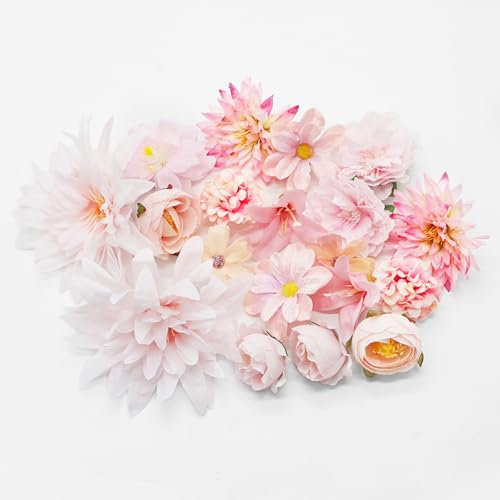 Yeelua 20 cabezas de flores artificiales, mezcla de flores artificiales de seda rosa, rosas de peonía, dalia, decoración de tartas, flores, decoración de boda, decoración de flores de mesa (rosa)