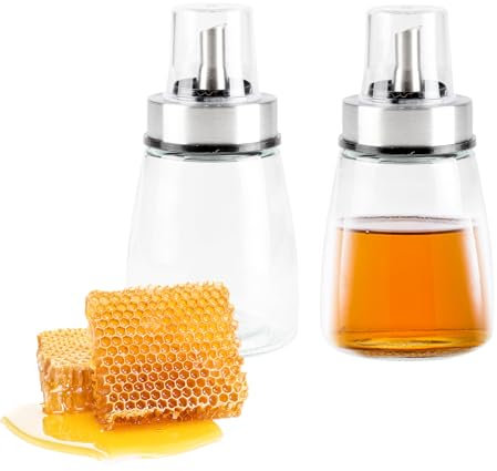 Gzsekken Honey Dispenser,2 Pack Glass Honey Dispenser Syrup Maple Dispenser No Drip Honey Jar Pot with Lid 180ML Honey Container Honey and syrup pot dispenser for Home Kitchen Cofffee Bar