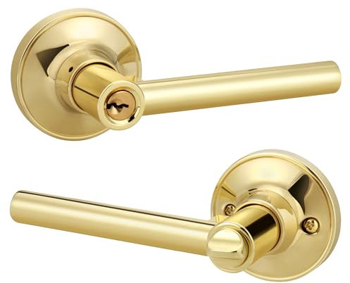 Gaurqiah Bright Gold Keyed Entry Door Handle, Round Design Door Lever with Keys, Reversible Door Lever for Entrance Front Bedroom, Polished Brass